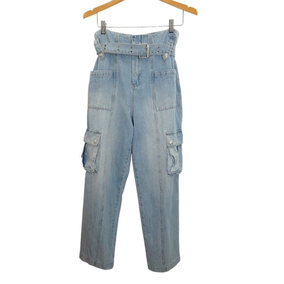 BlankNYC Light Blue Wash Cargo Jeans Sz 27 Belted Paperbag Waist Y2K Streetwear - Picture 1 of 7